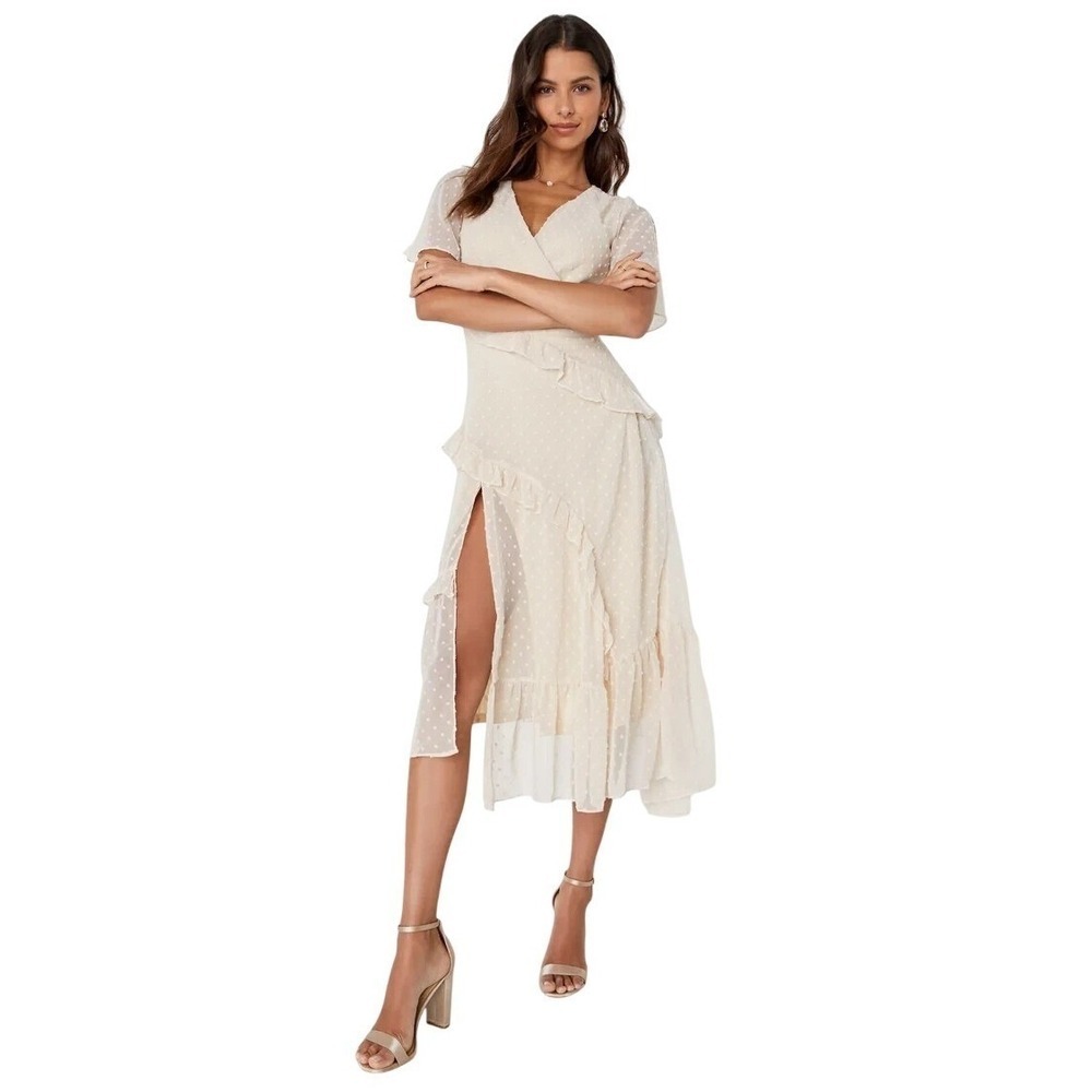 Lulus Dress Swiss Dot Ruffle Flutter Sleeve High Low Midi Ivory Size Small‎